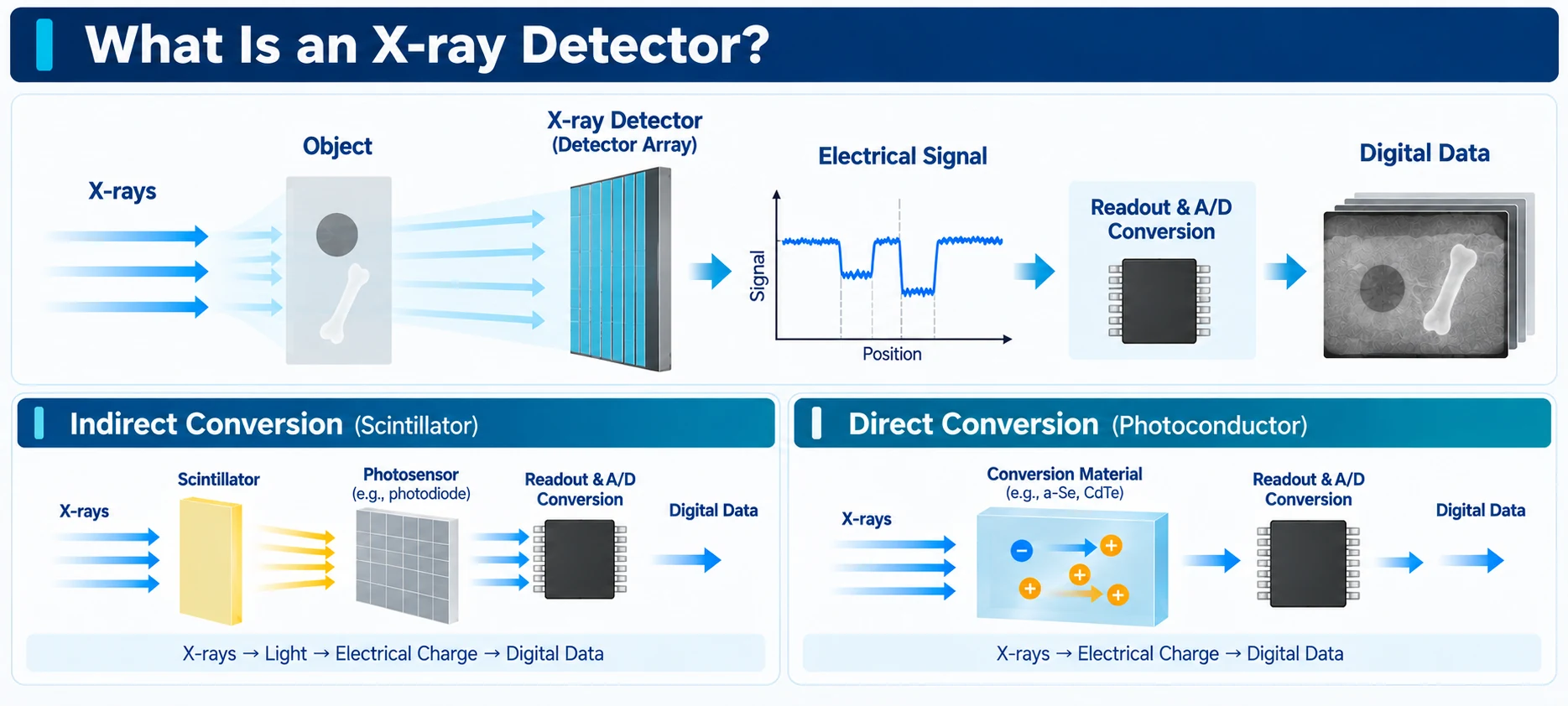 X-ray가 Detector Array에 도달한 뒤 전기적 신호와 Digital Data로 변환되는 흐름과 Indirect Conversion 및 Direct Conversion의 차이를 비교한 기술 도식