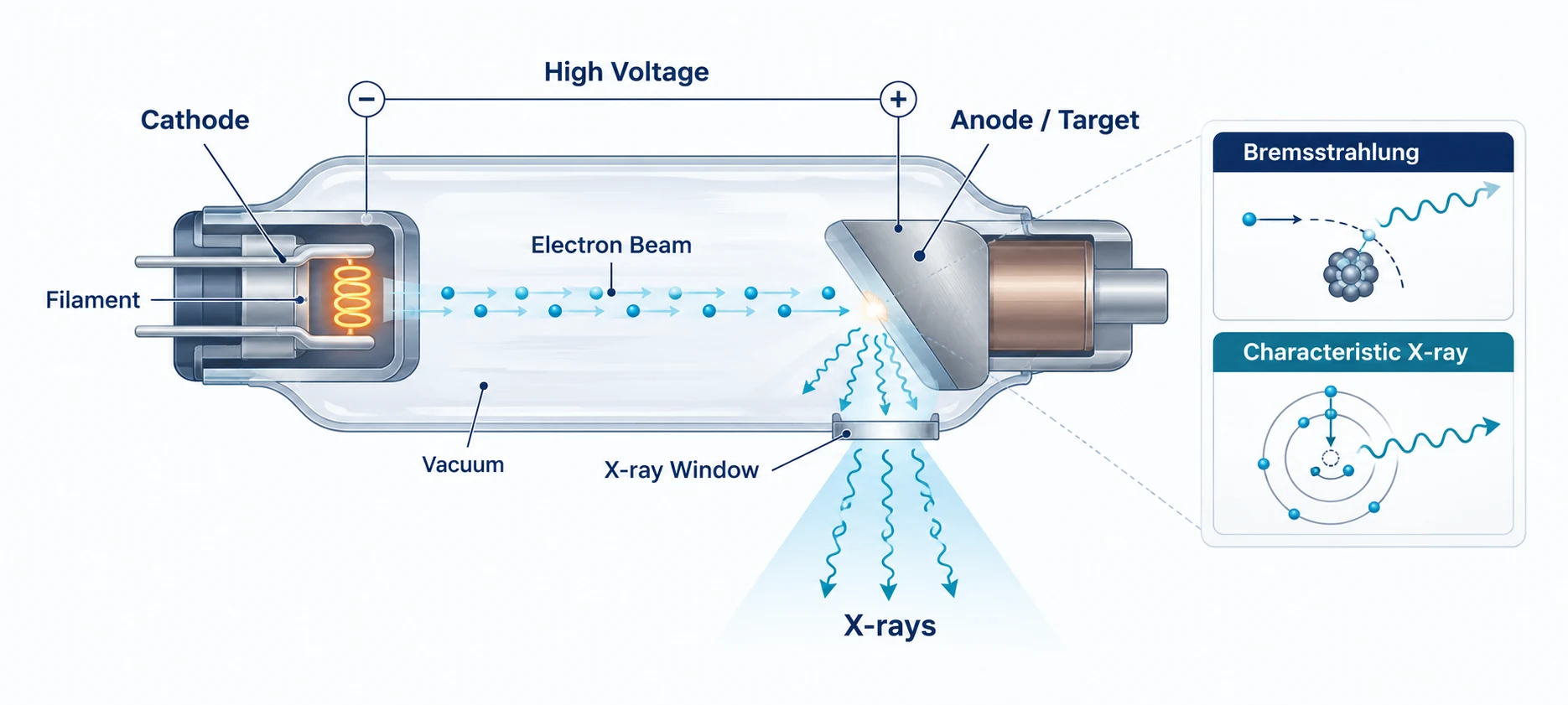 Cathode의 Filament에서 방출된 전자가 고전압에 의해 Anode Target으로 가속되고 Bremsstrahlung 및 Characteristic X-ray가 발생하는 X-ray Tube 원리 도식